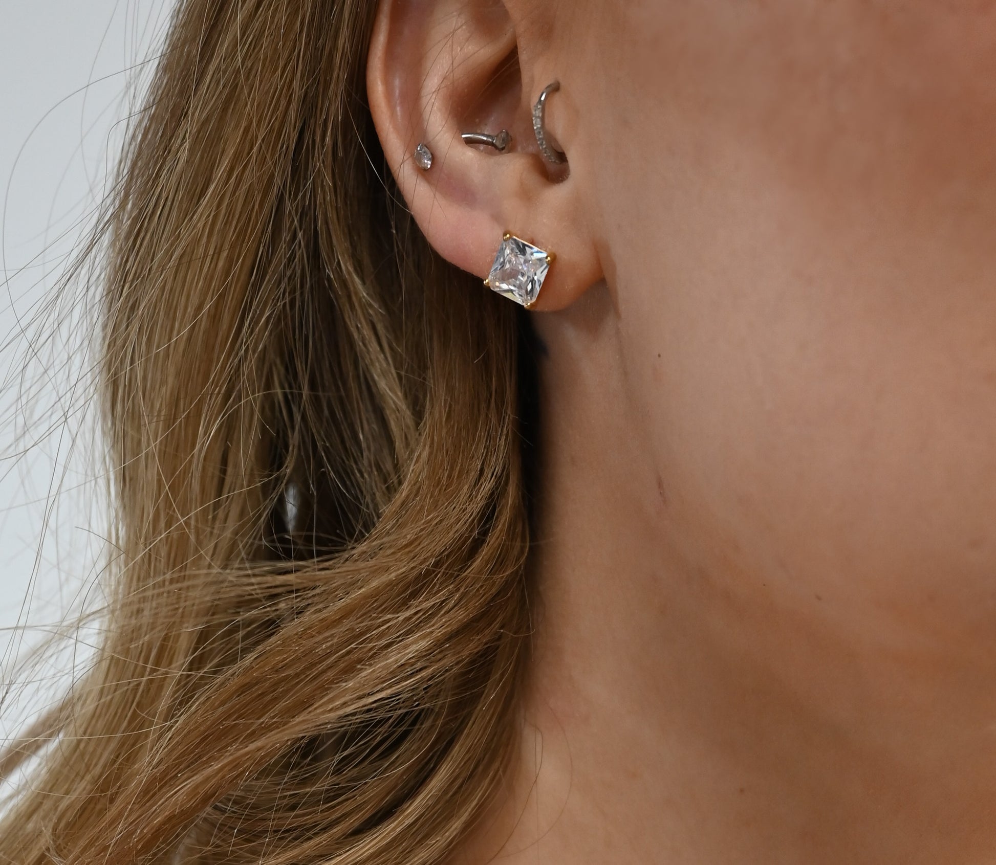 crystal stud earrings on model 