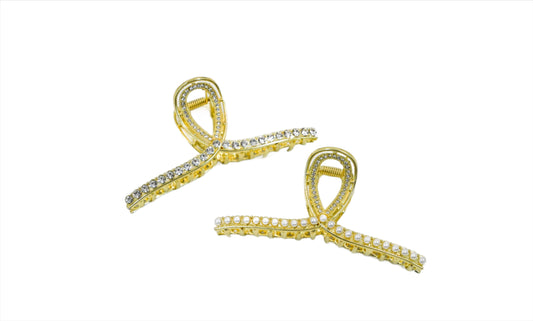 2 clips side by side - gold with crystals and pearls